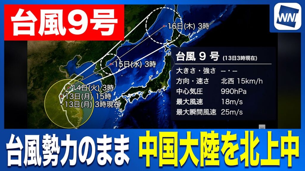 【台風9号 2026】台風勢力のまま 中国大陸を北上中（7月13日6時配信）