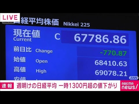 日経平均株価 一時1300円超の値下がり(2026年7月13日)