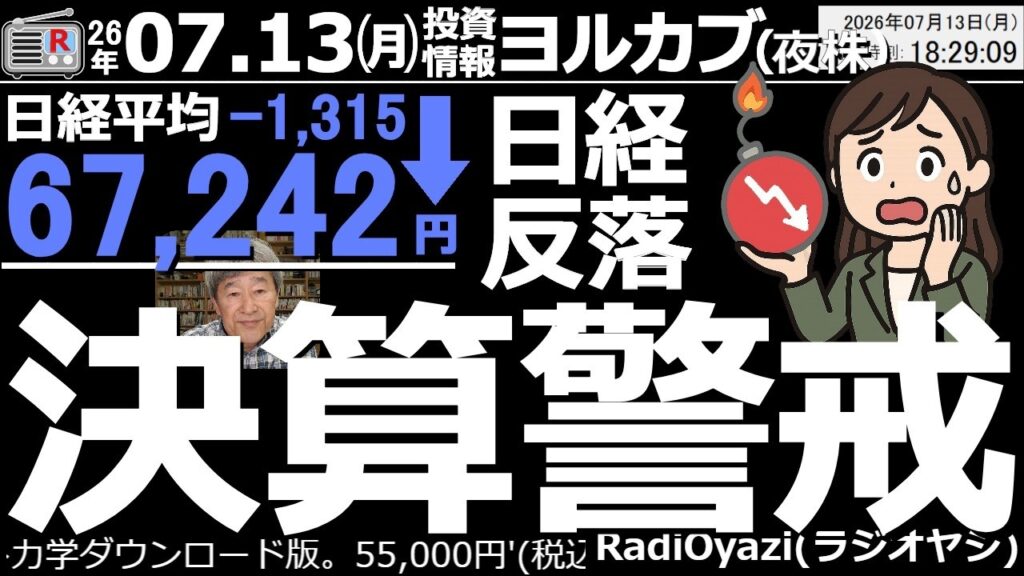 【ヨル株！(投資情報)】日経平均は1,315円安の67,242円だった。285Aキオクが売られ6976太陽がＳ安寸前まで売られた。AI関連銘柄を決算前に売っておこうという動きが出ている印象。続落警戒。