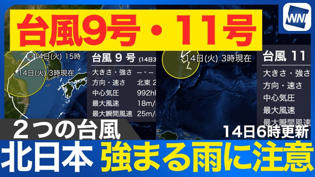 【台風9号・11号 2026】 北日本は間接的な影響により大雨の可能性（7月14日6時更新）