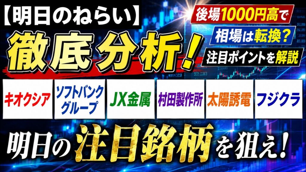 【明日のねらい】キオクシア・ソフトバンクグループ・JX金属・村田製作所・太陽誘電・フジクラを徹底分析！後場日経平均1000円高で相場は転換？明日の注目ポイントを解説