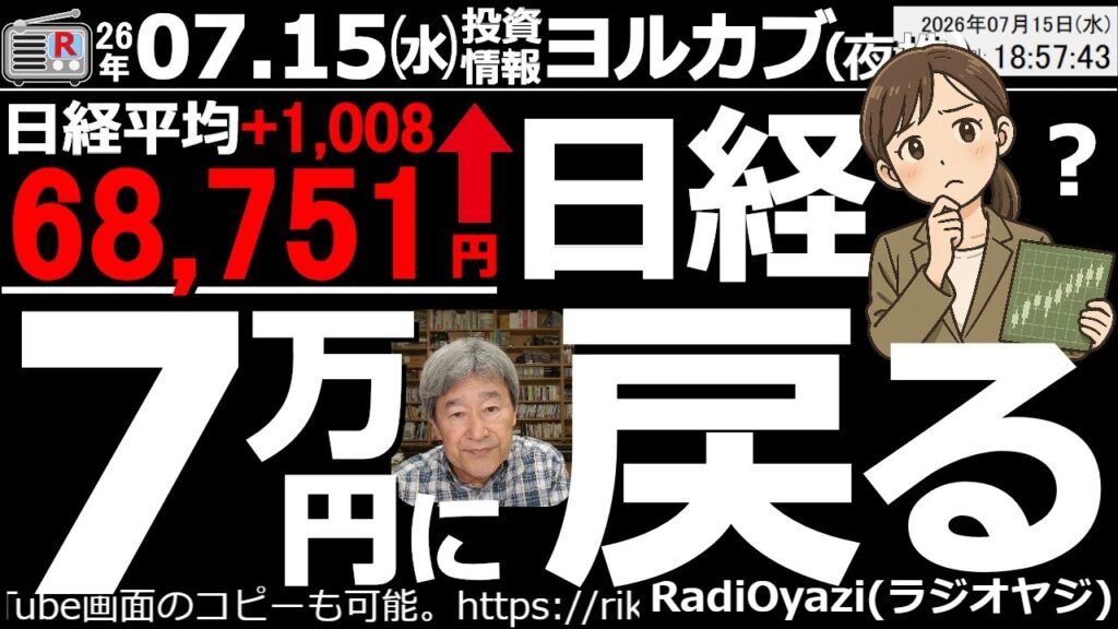 【ヨル株！(投資情報)】日経平均は1,008円高。7/13の下落を２日かけて、やっと取り戻した。明日は上昇期待だが主力銘柄が弱く、反落もありえる。285Aキオク、6976太陽が反発も上値重いチャート。