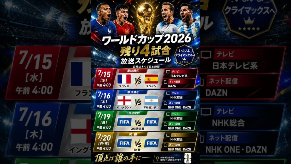 W杯2026準決勝・決勝の放送日程｜テレビ＆ネット配信まとめ#ワールドカップ2026 #動画配信サービス #サッカー