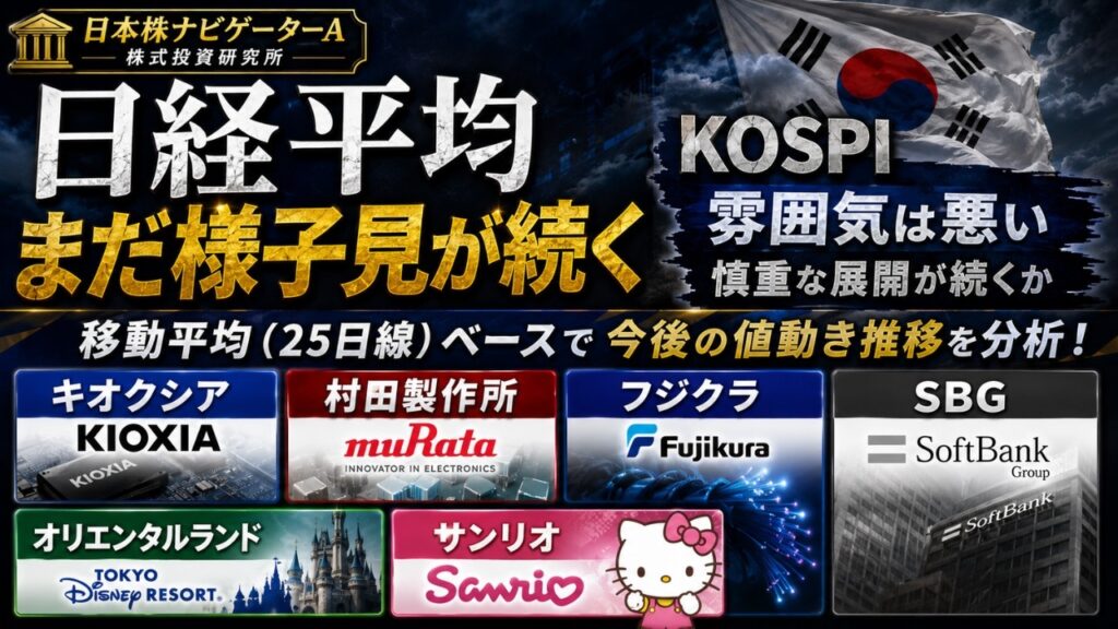 日経平均、KOSPI、キオクシア、村田製作所、フジクラ、SBG、オリエンタルランド、サンリオのテクニカル分析最新アップデート