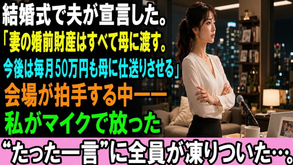 結婚式で夫が宣言した。 「妻の婚前財産はすべて母に渡す。 今後は毎月50万円も母に仕送りさせる」 会場が拍手する中―― 私がマイクで放った “たった一言”に全員が凍りついた…。 結婚式で夫が宣言した。 「妻の婚前財産はすべて母に渡す。 今後は毎月50万円も母に仕送りさせる」 会場が拍手する中―― 私がマイクで放った “たった一言”に全員が凍りついた…。