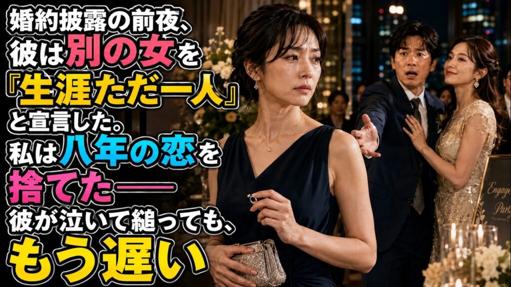 婚約披露の前夜、彼は別の女を「生涯ただ一人」と宣言した。私は八年の恋を捨てた――彼が泣いて縋っても、もう遅い