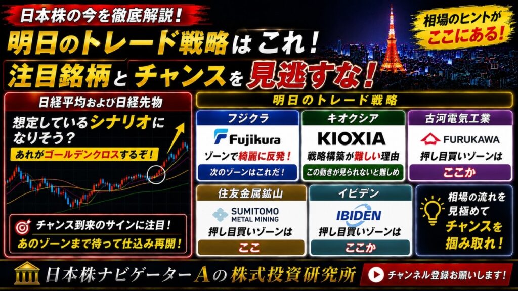 日経平均および日経先物、フジクラ、キオクシア、古河電気工業、住友金属鉱山、イビデン