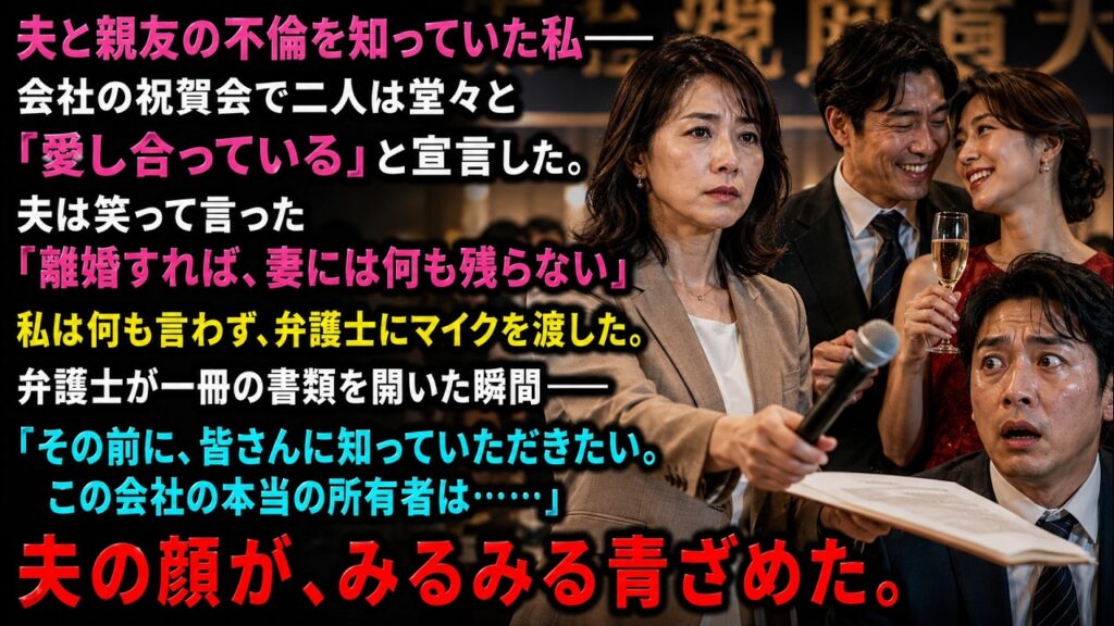 夫と親友の不倫を知っていた私――会社の祝賀会で二人は堂々と「愛し合っている」と宣言した。夫は笑って言った「離婚すれば、妻には何も残らない」私は何も言わず、弁護士にマイクを渡した。