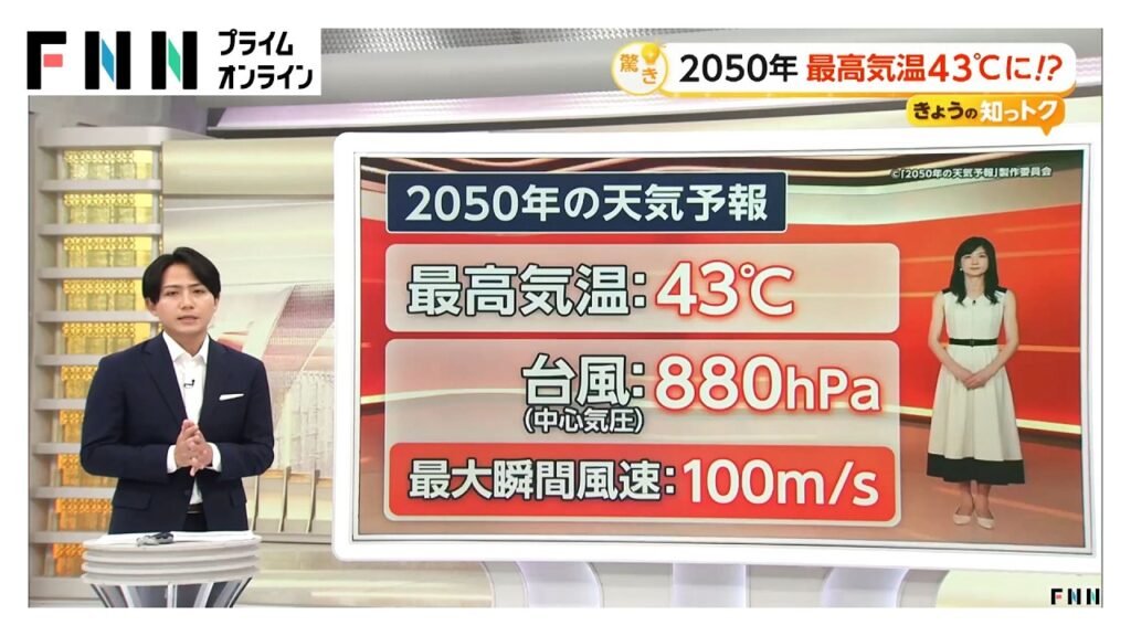 2050年の天気予報「最高気温43度」 台風は「最大瞬間風速100メートル」 魚介類の生態や桜の開花に影響も（2026年08月07日）