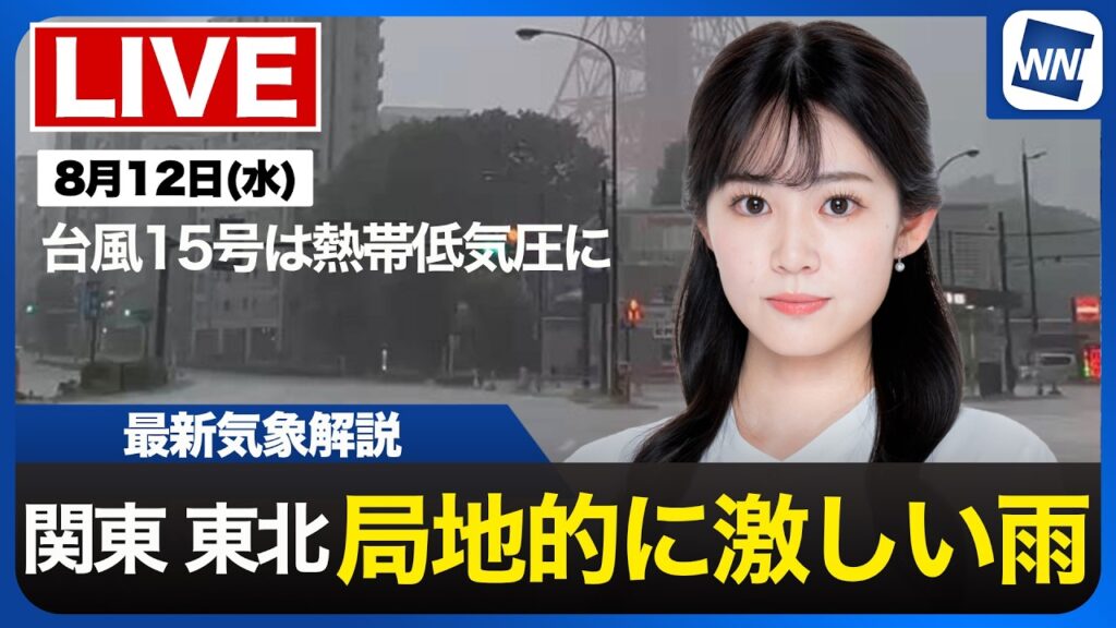 【ライブ】最新天気ニュース・地震情報 2026年8月12日(水) ／関東や東北など局地的に激しい雨 台風15号は熱帯低気圧に〈ウェザーニュースLiVEコーヒータイム・青原桃香／飯島栄一〉