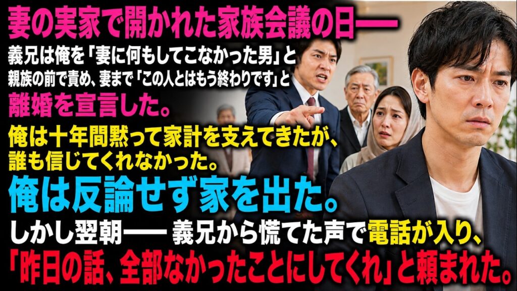 妻の実家で義兄に責められ、妻から離婚宣言。十年間家計を支えた俺が家を出た翌朝、義兄から「全部なかったことにしてくれ」と電話が…