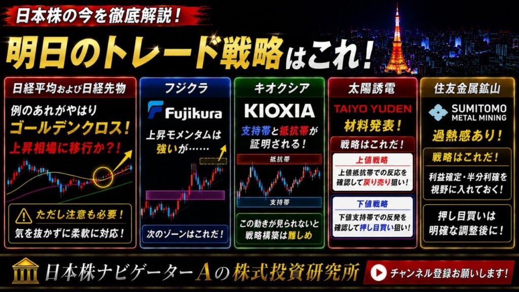 日経平均および日経先物、フジクラ、キオクシア、太陽誘電、住友金属鉱山