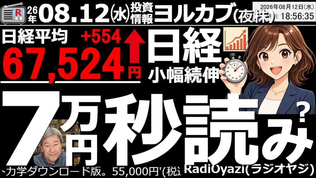 【ヨル株！(投資情報)】日経平均は７万円秒読みか？好決算を背景に今日も小幅続伸と堅調。285AキオクシアなどAI銘柄が上昇。今日は幅広い銘柄が買われTOPIXは最高値更新。ただ今晩の米CPIは要警戒。