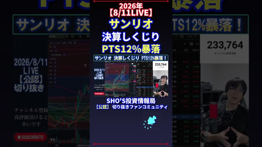 【8/11LIVE】サンリオ 決算しくじり PTS12%暴落 #日経平均株価 #投資