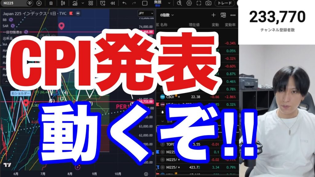 【CPI発表。日本株動くぞ‼️】日経平均流れが変わって爆益チャンスか‼️AI半導体株投げ売り止まる？→出遅れ銘柄強いぞ‼️円高加速に急ブレーキ。ドル円159円。米国株、仮想通貨BTC上昇