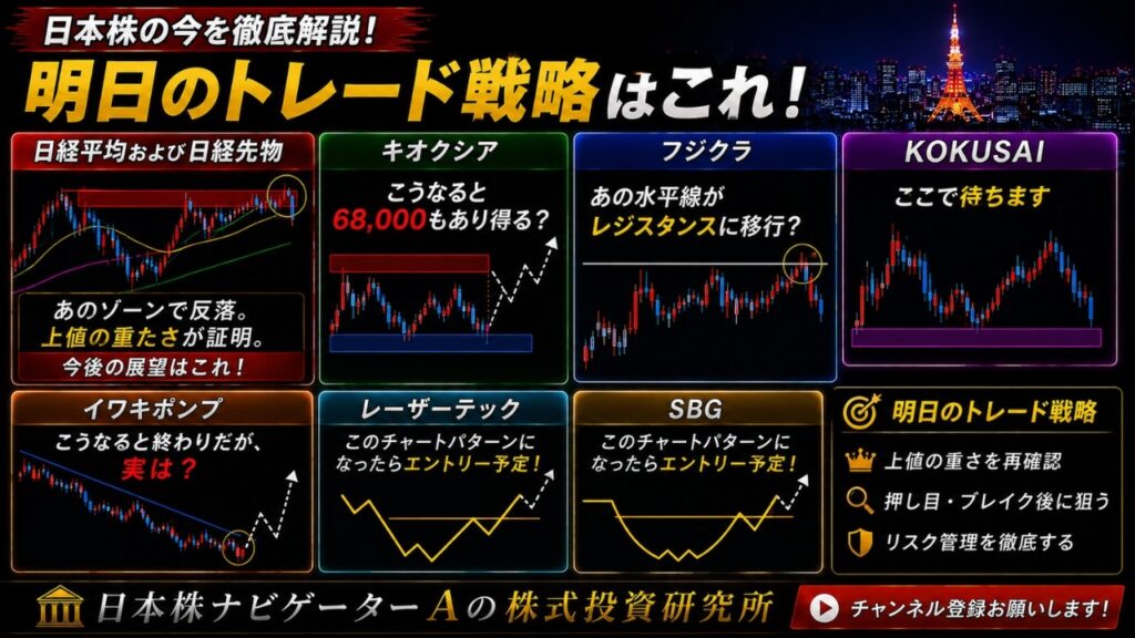 日経平均および日経先物、キオクシア、フジクラ、KOKUSAI、イワキポンプ、レーザーテック、SBG