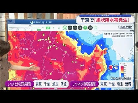 【関東の天気】千葉で「線状降水帯発生」　雨雲の動きが遅い　まだ続く激しい雨【スーパーJチャンネル】(2026年8月13日)