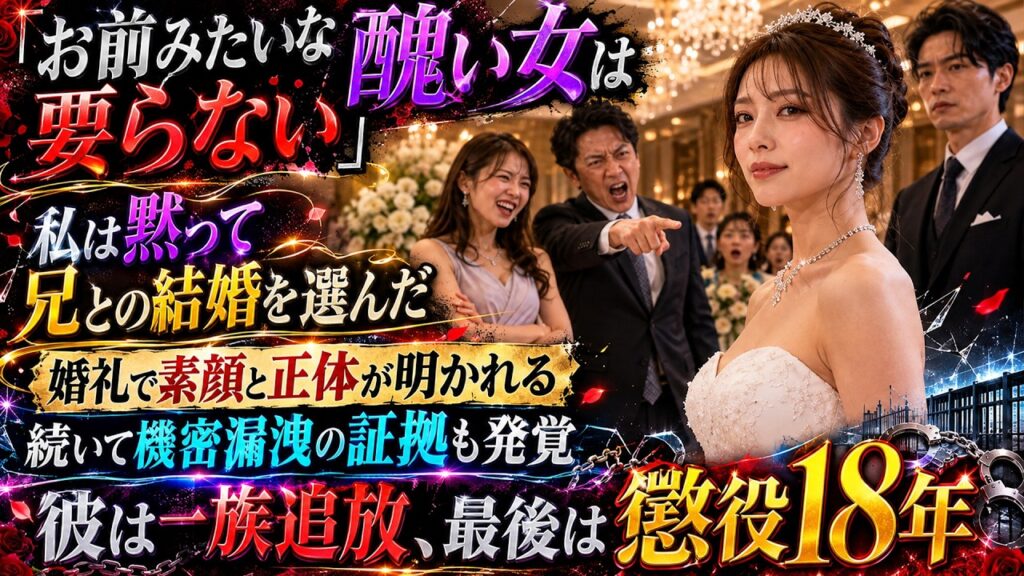 「お前みたいな醜い女は要らない」社長である婚約者に捨てられた私。私はその場で兄との結婚を宣言――婚礼で素顔と“正体”が明かされ、後に機密漏洩の証拠まで暴かれ、彼は一族追放、最後は懲役18年