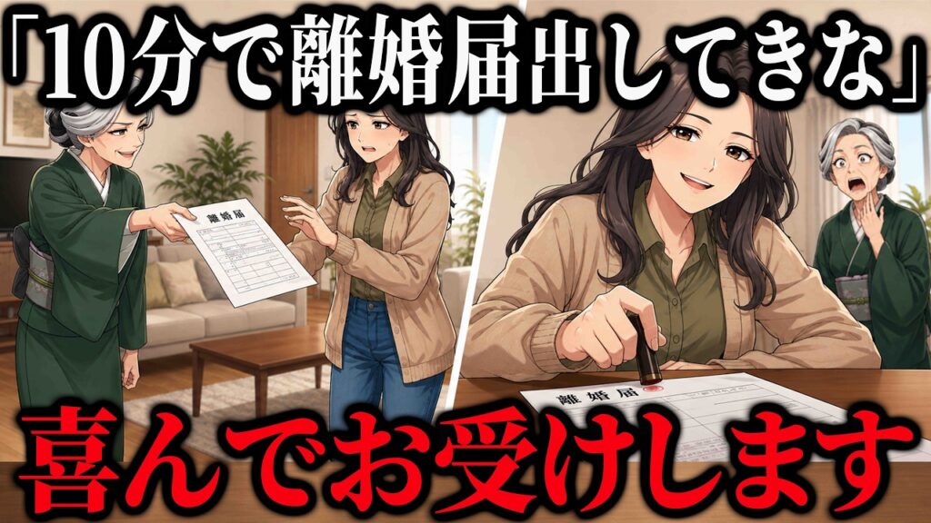 出張中の夫に代わり義母が持ってきた離婚届、「10分以内に出しな」と迫られた私「いいんですか？ありがとうございます！」→「え？」【シニア スカッと】