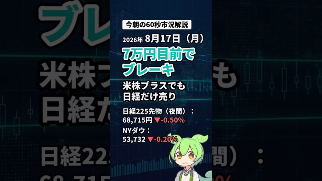 【8/17】7万円目前でブレーキ 日経だけ週末に売り