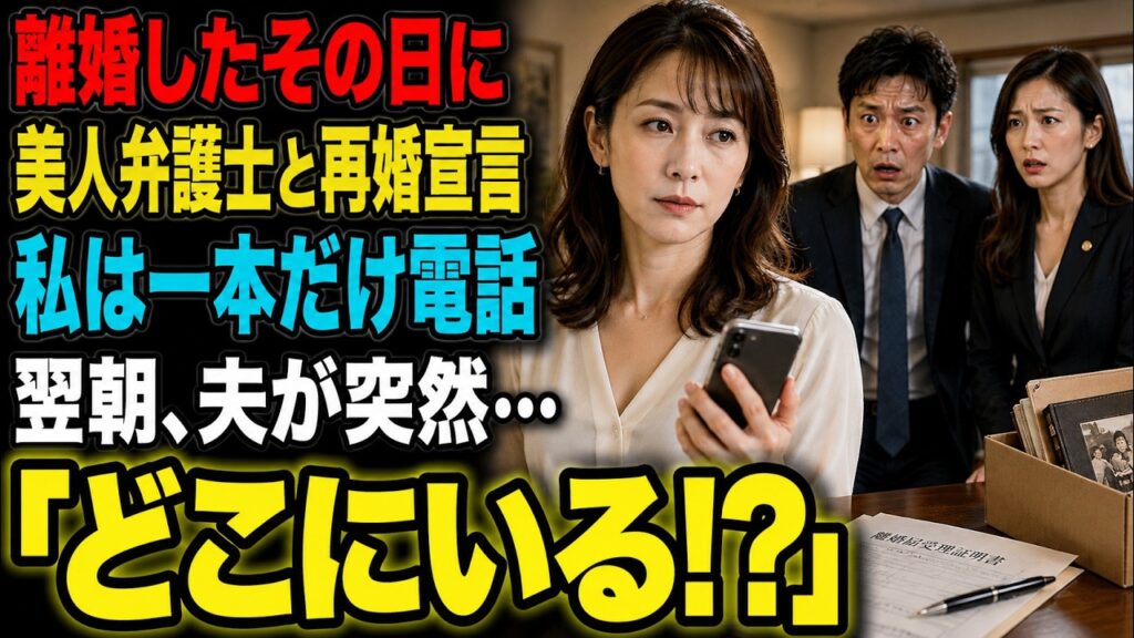 "離婚届を出したその日に女性弁護士との再婚を発表した夫「お前は俺の人生最大の汚点だ」私は何も言わず一本だけ電話をかけた――翌朝、夫は顔面蒼白で私を捜していた"