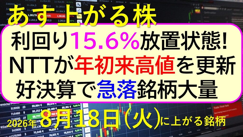 利回り15.6%が放置状態!NTTが年初来高値を更新。電通総研にアクティビスト。好決算で急落銘柄~あす上がる株 2026年8月18日(火)に上がる銘柄。最新の日本株情報。高配当株の株価やデイトレ情報 利回り15.6%が放置状態!NTTが年初来高値を更新。電通総研にアクティビスト。好決算で急落銘柄~あす上がる株 2026年8月18日(火)に上がる銘柄。最新の日本株情報。高配当株の株価やデイトレ情報