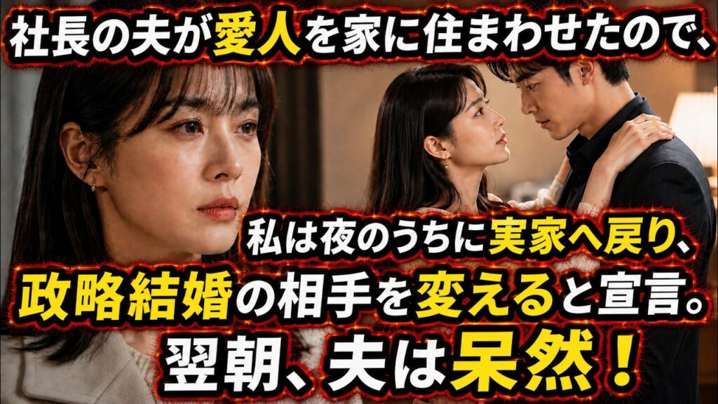 社長の夫が愛人を家に住まわせたので、私は夜のうちに実家へ戻り、政略結婚の相手を変えると宣言。翌朝、夫は呆然！