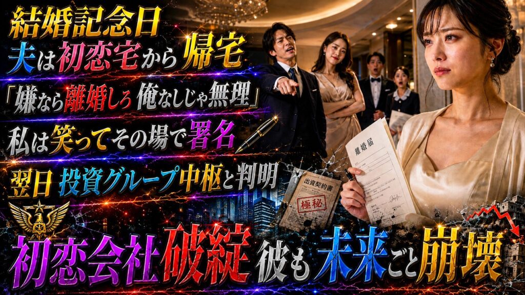 結婚記念日、初恋の家から帰った夫は「嫌なら離婚しろ。俺なしじゃ生きられない」と私を見下した。私は即署名――翌日、私の正体が投資グループの中枢と判明。初恋の会社は破綻寸前、彼も保証債務で未来を失った