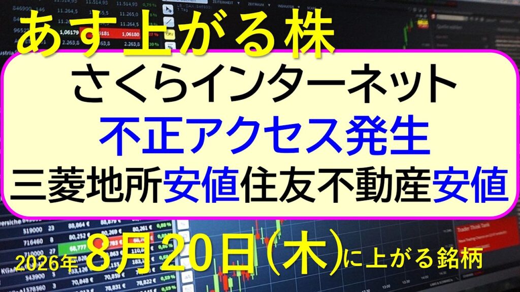 さくらインターネットで不正アクセス発生！三菱地所が安値。住友不動産も安値。～あす上がる株　2026年８月２０日（木）に上がる銘柄。最新の日本株情報。高配当株の株価やデイトレ情報