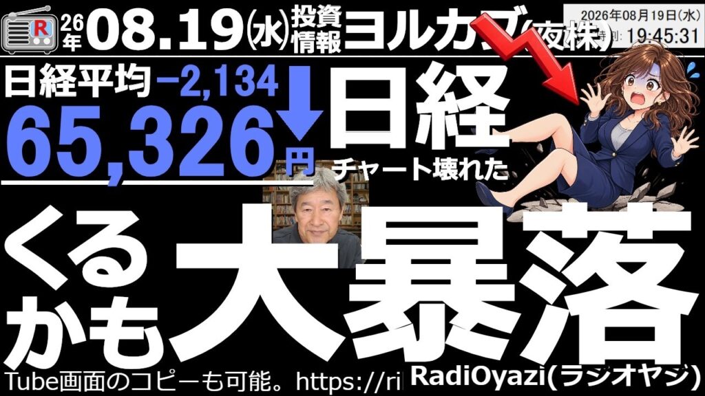 【ヨル株!(投資情報)】日経は2日で約4,000円下落。2日間のチャートを合成すれば、完全に「呪いの大陰線」の再来だ。このあと、6万円割れの弱気シナリオも想定しなければならない。さらなる下落に要警戒。 【ヨル株!(投資情報)】日経は2日で約4,000円下落。2日間のチャートを合成すれば、完全に「呪いの大陰線」の再来だ。このあと、6万円割れの弱気シナリオも想定しなければならない。さらなる下落に要警戒。