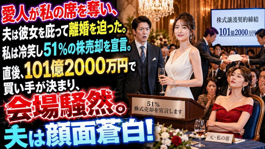愛人が私の席を奪い、夫は彼女を庇って離婚を迫った。私は冷笑し51％の株売却を宣言。直後、101億2000万円で買い手が決まり、会場騒然。夫は顔面蒼白！