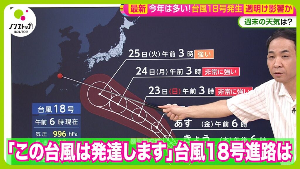 【進路は】台風18号発生「23日あたりから発達する可能性」きょう20日夕方前後はゲリラ雷雨に警戒を〜天達気象予報士解説【ノンストップ!】 【進路は】台風18号発生「23日あたりから発達する可能性」きょう20日夕方前後はゲリラ雷雨に警戒を〜天達気象予報士解説【ノンストップ!】