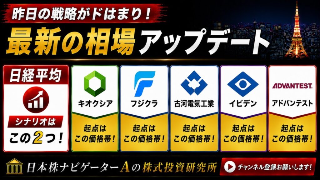 日経平均、キオクシア、フジクラ、古河電気工業、イビデン、アドバンテスト
