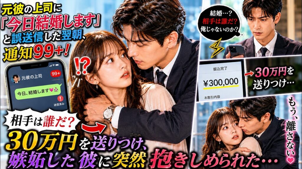 元彼の上司に「今日結婚します」と誤送信した翌朝、通知99+！「相手は誰だ？」→30万円を送りつけ、嫉妬した彼に突然抱きしめられた…