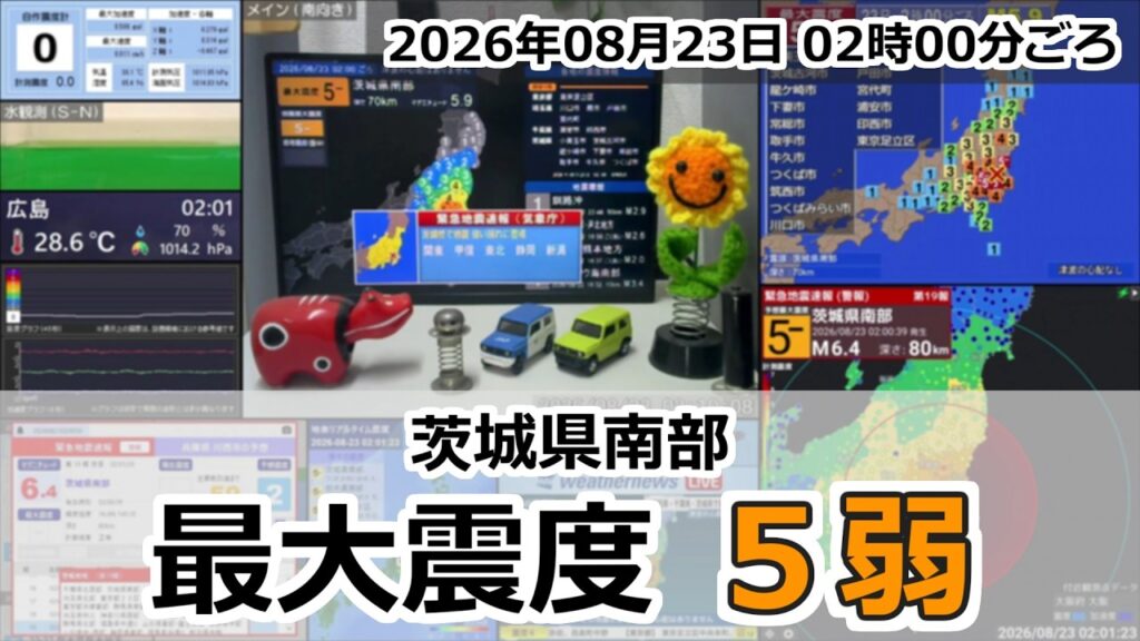 【緊急地震速報 (警報)】2026年08月23日 02時00分頃 最大震度5弱 / 茨城県南部 M5.9 68km