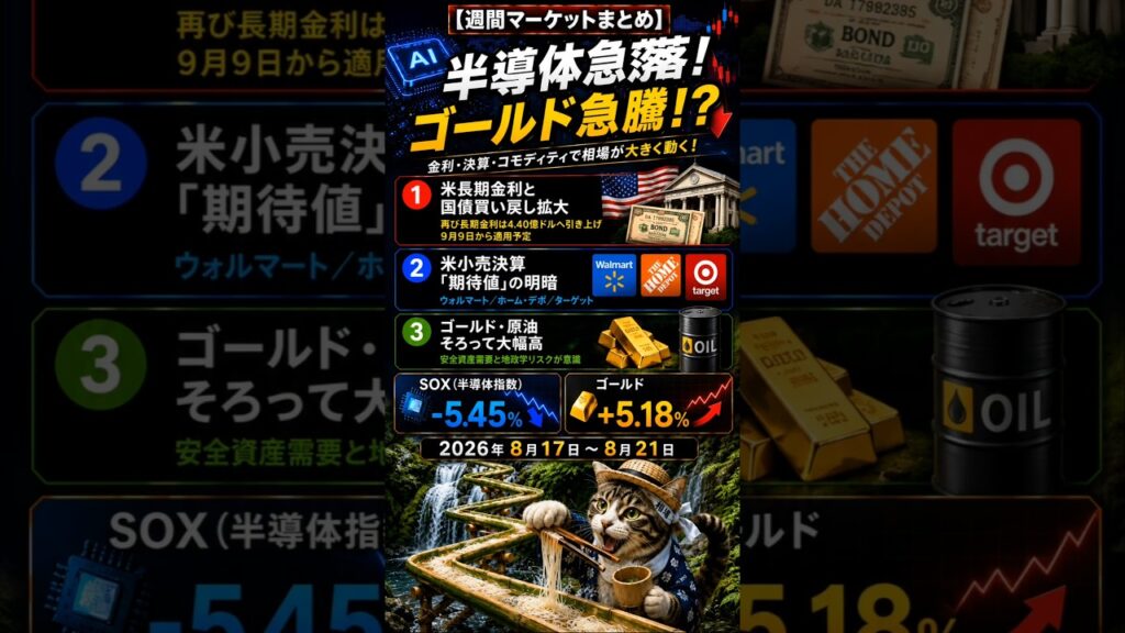 【週間マーケットまとめ Shorts版】半導体株が大幅下落！米国債買い戻しで長期金利急低下【8月17日〜8月21日】#米国株 #半導体株