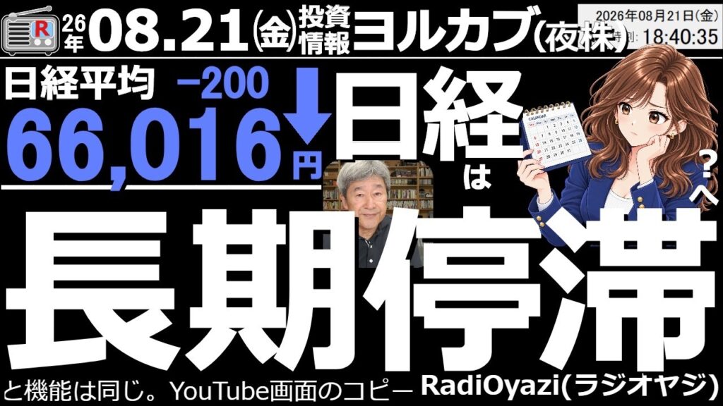 【ヨル株！(投資情報)】日経は200円安の66,016円だった。24/8/5の下落と、そのあとの動きに似た展開になってきた。このあと相場は「長期停滞」に陥る可能性あり。来週は下押し圧力が強くなりがち。