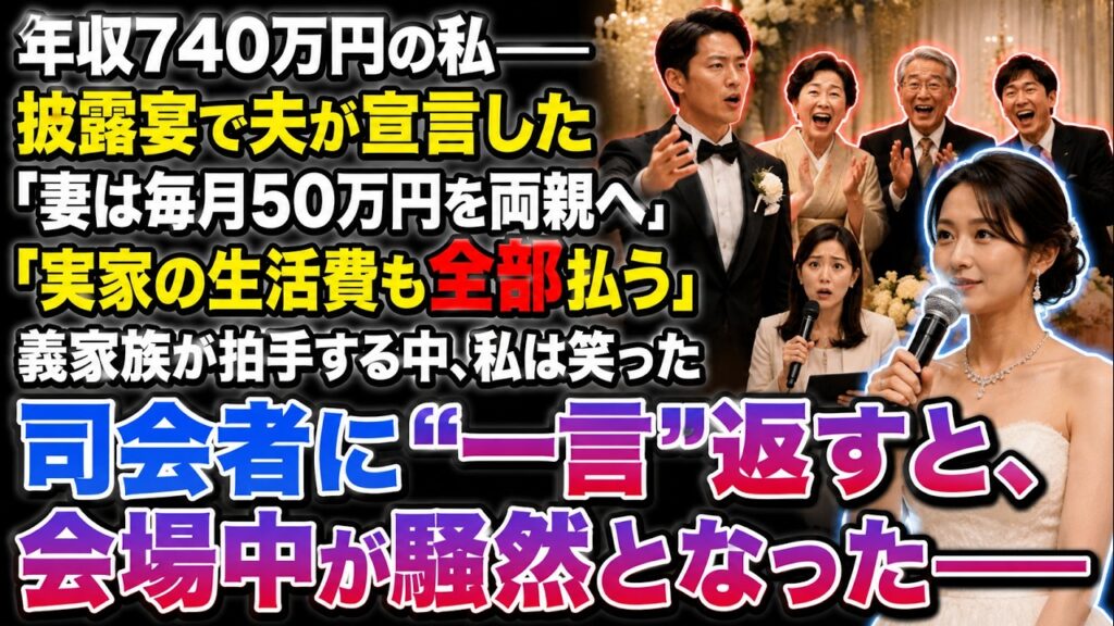 年収740万円の私。披露宴で夫が「結婚後、妻は毎月50万円を両親に渡し、実家の生活費も全部払います」と宣言すると、義家族は大喜びで拍手した。司会者が困って私を見るので、私は笑って一言返した。