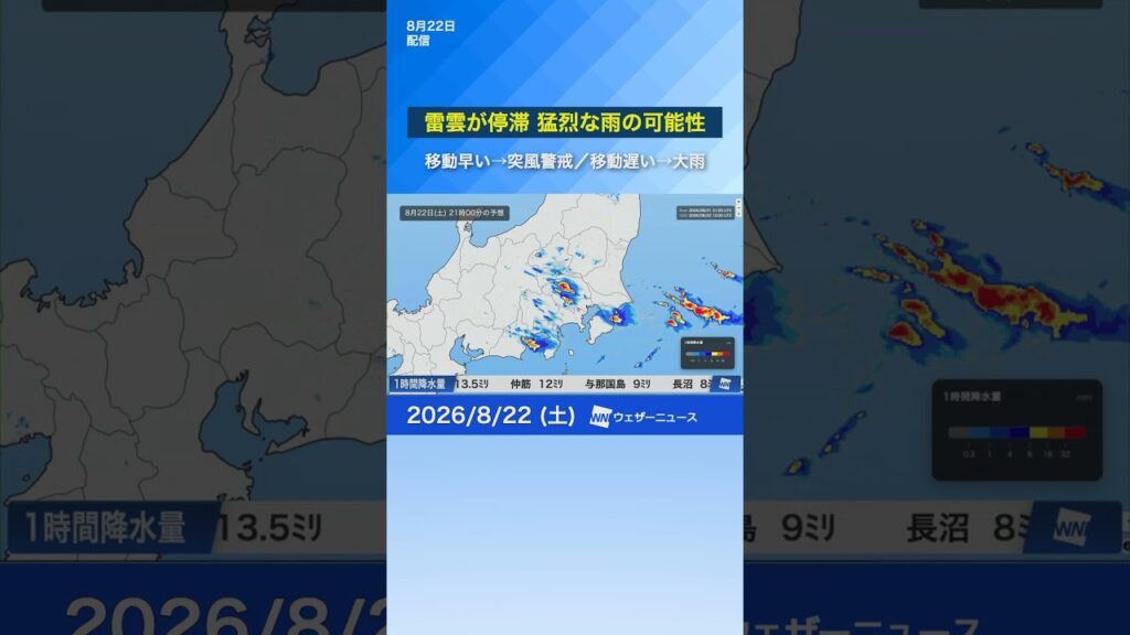 【8月22日】猛烈な雨の可能性あり／最初は雨雲の移動が早いが、次第に停滞のおそれ #ゲリラ雷雨 #冠水 #豪雨
