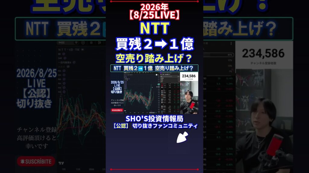 【8/25LIVE】NTT 買残２→１億 空売り踏み上げ？ #日経平均株価 #投資