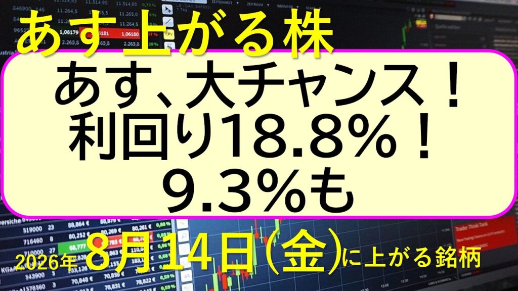 あす、チャンスあり！利回り18.8%！9.3%も。三越伊勢丹が株式分割。好決算なのに急落中の５銘柄～あす上がる株　2026年８月１４日（金）に上がる銘柄。最新の日本株情報。高配当株の株価やデイトレ情報
