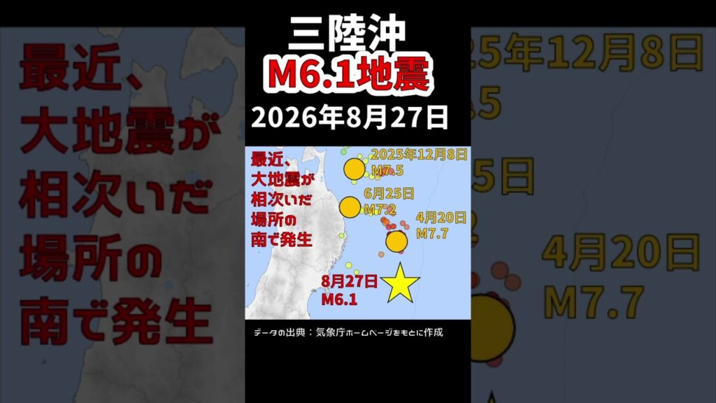 三陸沖M6.1地震が発生したので解説します。(2026年8月27日) 三陸沖M6.1地震が発生したので解説します。(2026年8月27日)