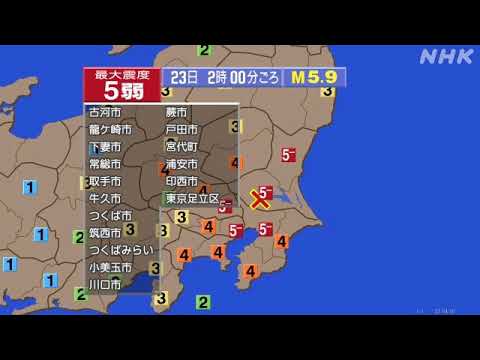 【NHK緊急地震速報（ラジオ）】2026/08/23（日） 02:00ごろ　茨城県南部地震　最大震度5弱　深さ70キロ　M5.9 (NHK AM・東京)