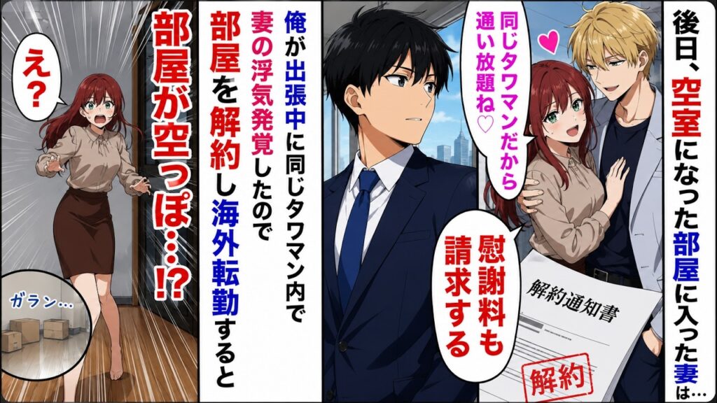 【漫画】上司の家で妻の浮気現場に遭遇「離婚しましょう」俺「分かった、部屋も解約する」→海外転勤後、空っぽの部屋を見た妻は…【恋愛マンガ動画】