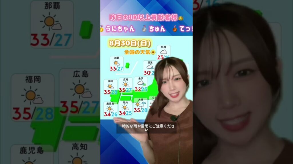 【はるモニ】8月30日(日)の天気予報です🌼#はるモニ #お天気お姉さん #天気予報 #はるはる🌤🌼　気象庁のホームページを参考に作成しています。