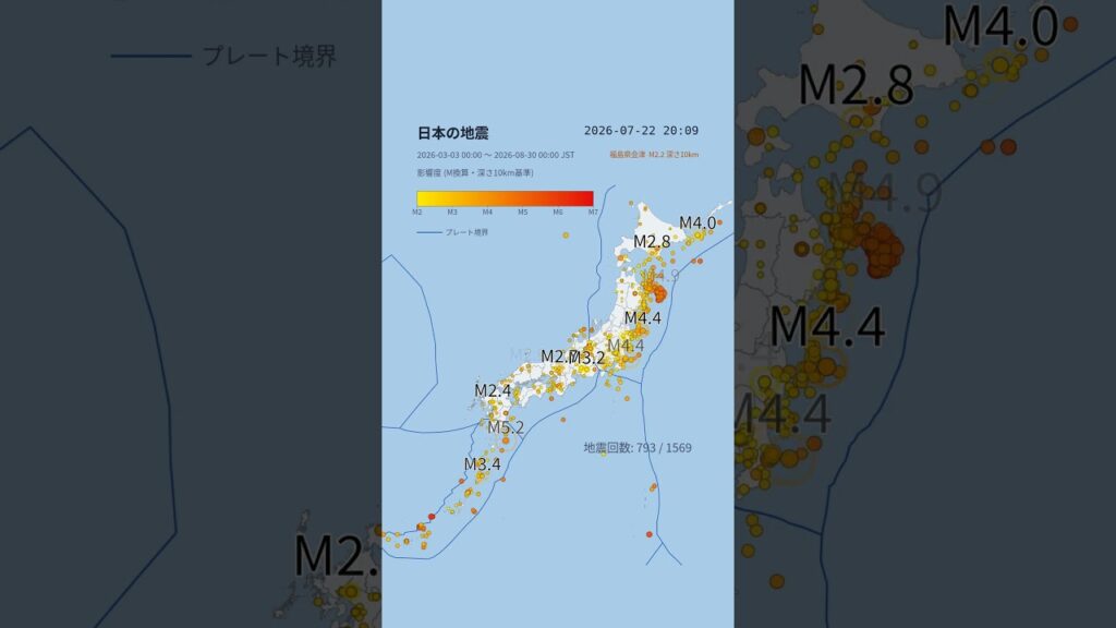 直近半年の地震状況 2026/08/30 直近半年の地震状況 2026/08/30