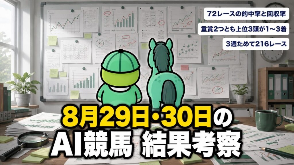【AI競馬予想の結果検証】本命は全見送り。新潟記念・中京2歳SはAIの上位3頭が1〜3着|72レース的中率40.3%・単勝回収112.5% 【AI競馬予想の結果検証】本命は全見送り。新潟記念・中京2歳SはAIの上位3頭が1〜3着|72レース的中率40.3%・単勝回収112.5%