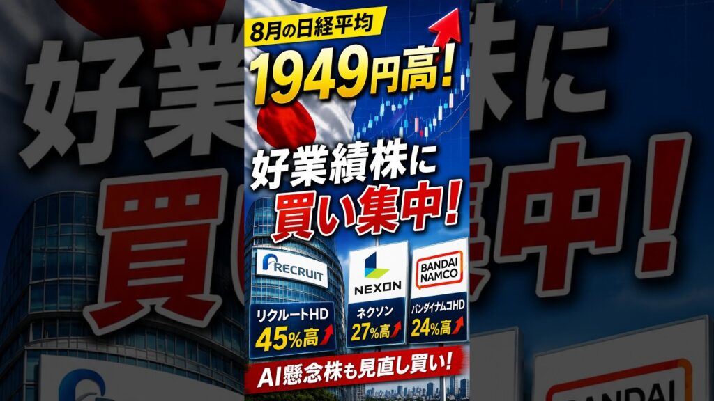 8月の日経平均1949円高!主役はリクルート、AI懸念株も復活 #日本株 #日経平均 8月の日経平均1949円高!主役はリクルート、AI懸念株も復活 #日本株 #日経平均