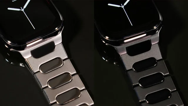 Apple WatchバンドBRIGHTのリンク部分。マットと艶のコントラストが確認できる。