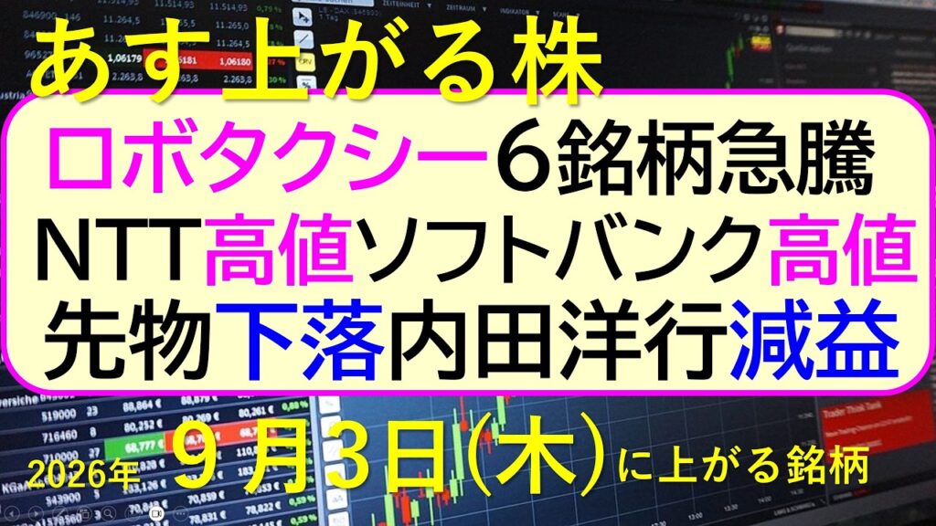 先物が下落中！ロボタクシー関連６銘柄急騰。ＮＴＴ高値。ソフトバンク高値。内田洋行が減益を発表。～あす上がる株　2026年９月３日（木）に上がる銘柄。最新の日本株情報。高配当株の株価やデイトレ情報